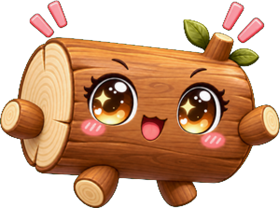 Miss Log, a cheerful wooden log with bright eyes